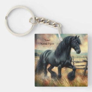 Black Fresian Horse Pasture Rustic Fence Keychain