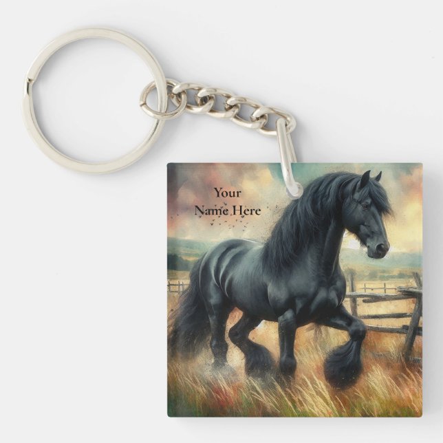 Black Fresian Horse Pasture Rustic Fence Keychain (Front)