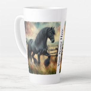Black Fresian Horse Pasture Rustic Fence Latte Mug