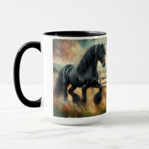 Black Fresian Horse Pasture Rustic Fence Mug