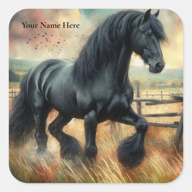 Black Fresian Horse Pasture Rustic Fence Square Sticker (Front)