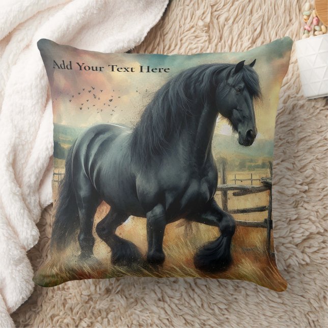 Black Fresian Horse Pasture Rustic Fence Throw Pillow (Blanket)