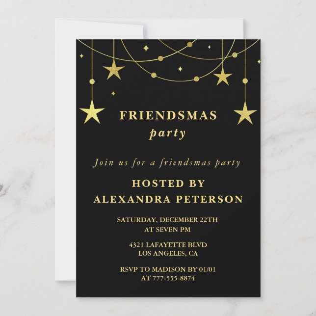 Black Friendsmas invitations Party Gold Stars (Front)
