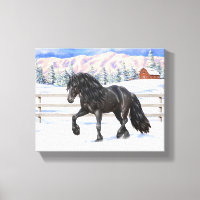 Black Friesian Draught Horse In Snow