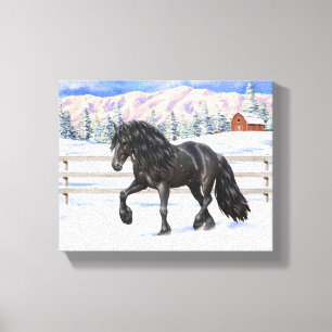 Black Friesian Draught Horse In Snow Canvas Print