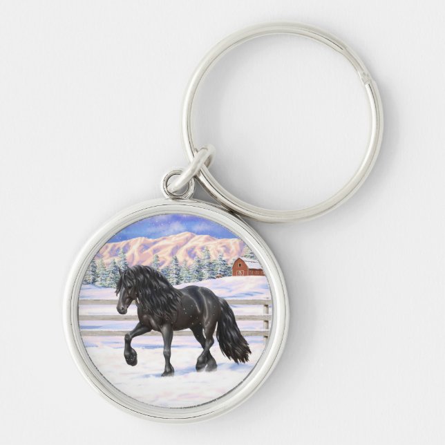 Black Friesian Draught Horse In Snow Keychain (Front)