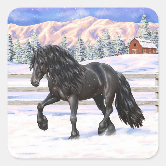 Black Friesian Draught Horse In Snow Square Sticker (Front)