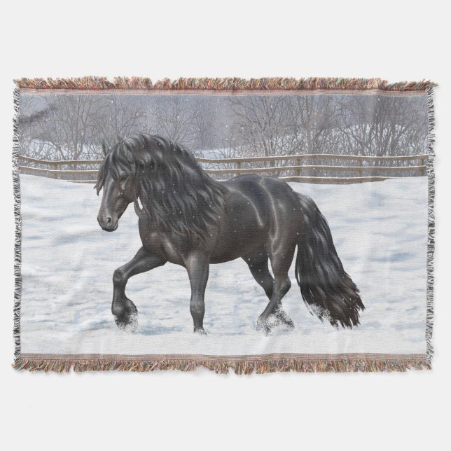 Black Friesian Draught Horse In Snow Throw Blanket (Front)