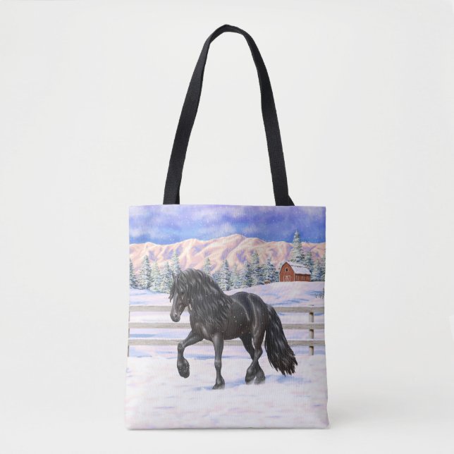 Black Friesian Draught Horse In Snow Tote Bag (Front)