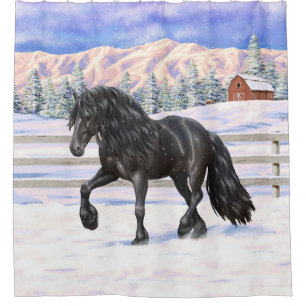 Black Friesian Draught Horse Trotting In Snow