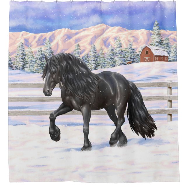 Black Friesian Draught Horse Trotting In Snow (Front)
