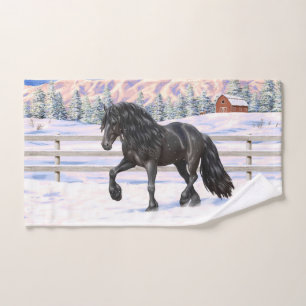 Black Friesian Draught Horse Trotting In Snow Bath Towel Set