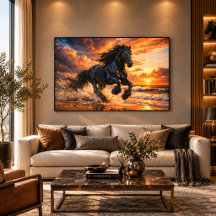 Black Friesian Horse at Sunset, Powerful Beach Run