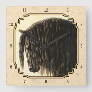 Black Friesian Horse Beige Square Wall Clock