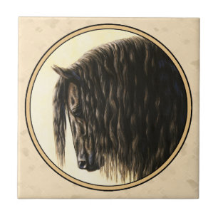 Black Friesian Horse Beige Tile