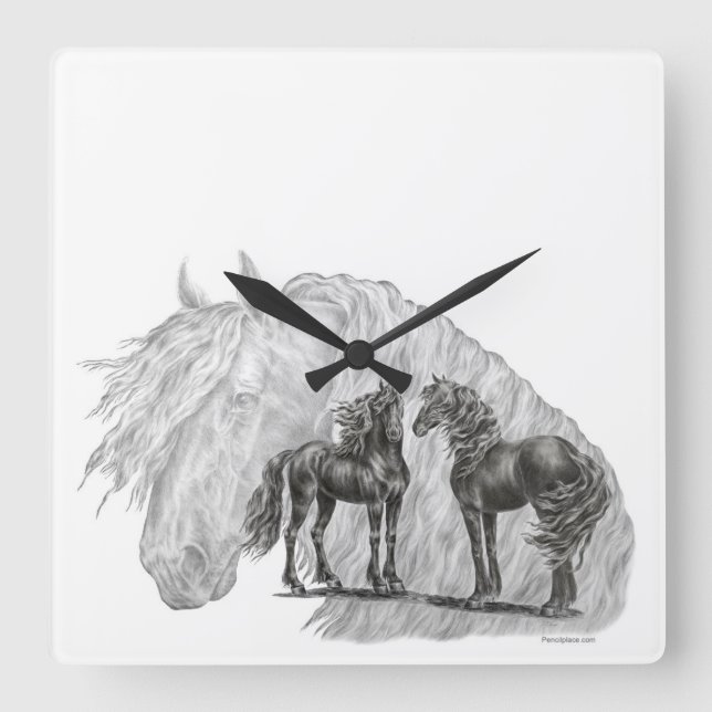 Black Friesian Horses Manes Tails Square Wall Clock (Front)
