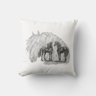 Black Friesian Horses Manes Tails Throw Pillow