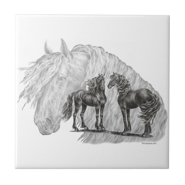 Black Friesian Horses Manes Tails Tile (Front)
