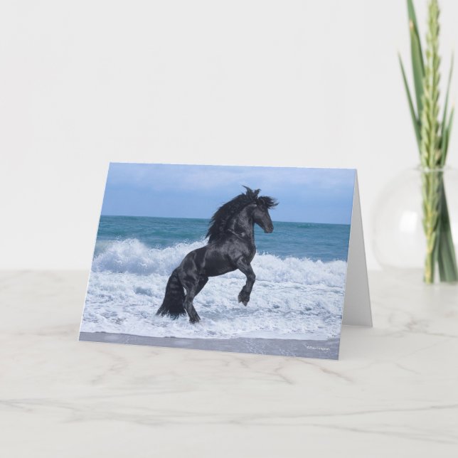 Black Friesian Stallion Rearing In the Sea Card (Front)