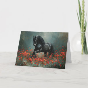 Black Friesian Stallion Red Poppies Card