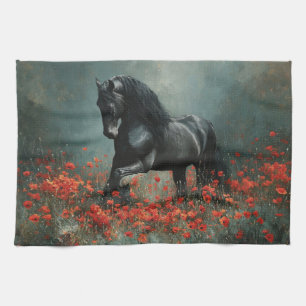 Black Friesian Stallion Red Poppies Kitchen Towel