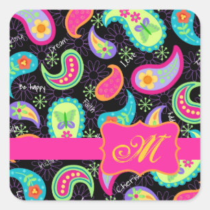 Black Fuchsia Pink Modern Paisley Monogram Square Sticker