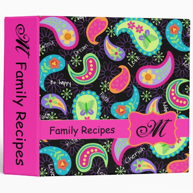 Black Fuchsia Pink Modern Paisley Pattern Monogram Binder (Front/Spine)
