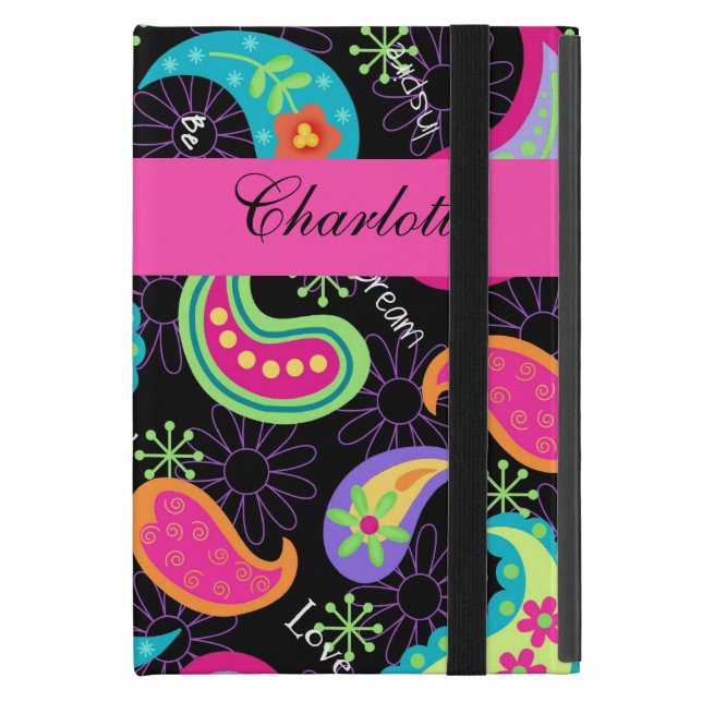 Black Fuchsia Pink Modern Paisley Personalized iPad Mini Cover (Front Closed)