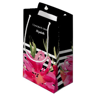 Black   Fuchsia Watercolor Floral Graduation  Small Gift Bag