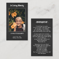 Black Funeral Memorial Photo Sympathy Prayer Card