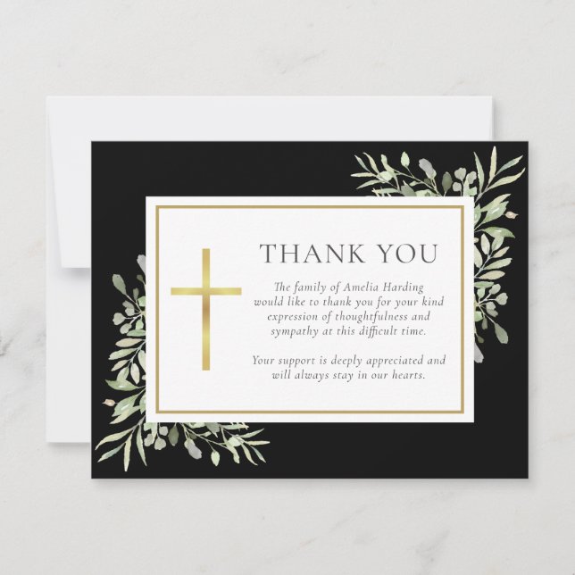 Black Funeral Watercolor Greenery Christian Photo Thank You Card (Front)