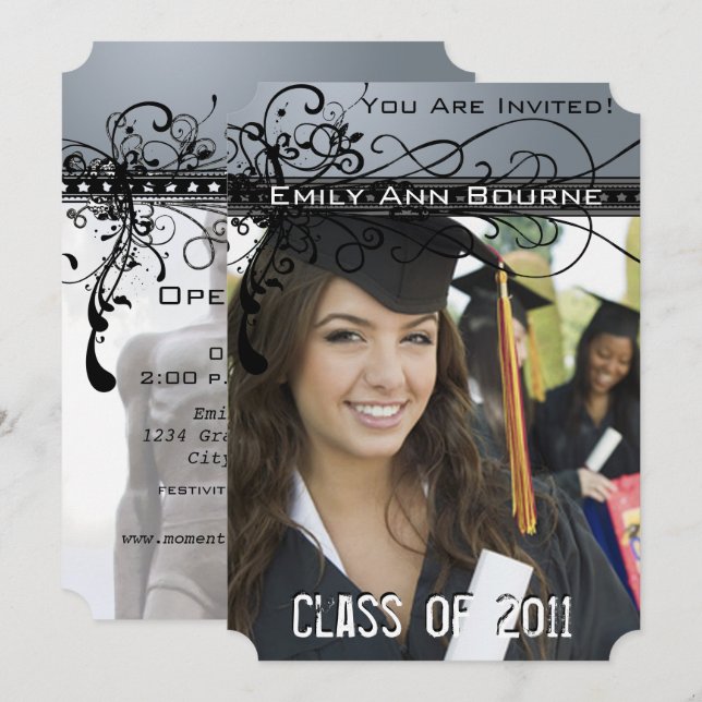 Black Funky Elegant Swirls Graduation Invite (Front/Back)