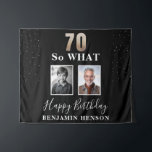 Black Funny 70 So what 70th Birthday 2 Photo Tapestry<br><div class="desc">Black Funny 70 So what 70th Birthday 2 Photo Tapestry Backdrop. 70 so what funny quote. Personalize with your name and 2 photos - add before and now photos. Great for him or her who celebrates the seventieth birthday and has a sense of humour.</div>