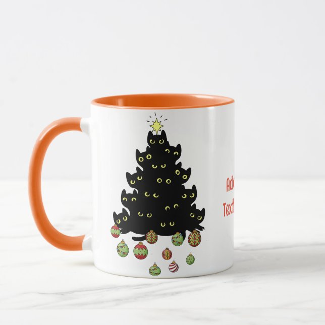 Black Funny Cat Christmas Lighting Tree Mug (Left)