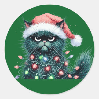 Black funny Christmas cat  Classic Round Sticker