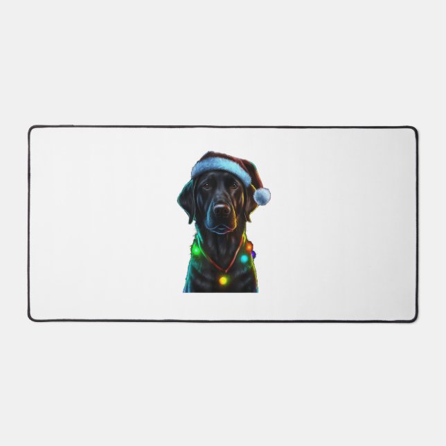 Black Funny dog Christmas Santa Hat lights tree  Desk Mat (Front)