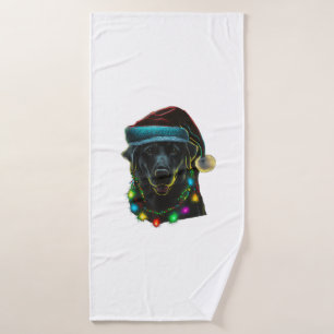 black Funny dog Christmas Santa Hat lights tree ho Bath Towel