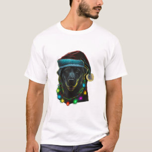 black Funny dog Christmas Santa Hat lights tree ho T-Shirt