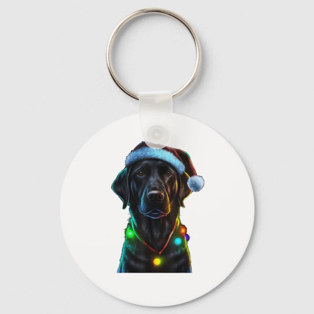 Black Funny dog Christmas Santa Hat lights tree  Keychain (Front)