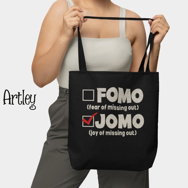 Black Funny FOMO JOMO check the box Introvert Tote Bag (Creator Uploaded)
