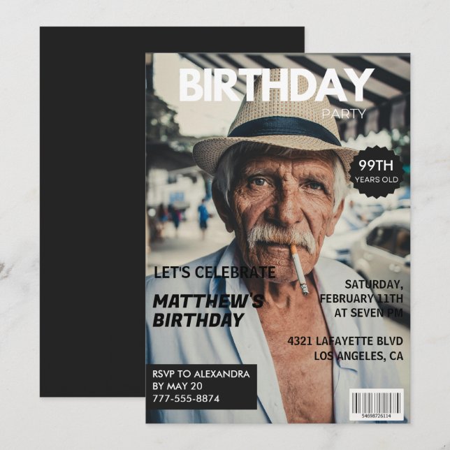 Black Funny Magazine Cover Photo 99th birthday Invitation (Front/Back)