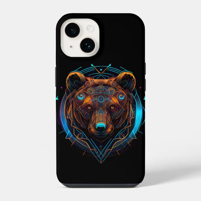 Black Futuristic Neon Bear iPhone Case (Back)