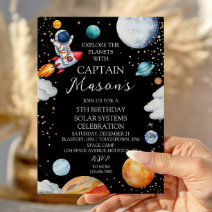Black Galaxy Captain Rocket Adventure Kids Bday Invitation