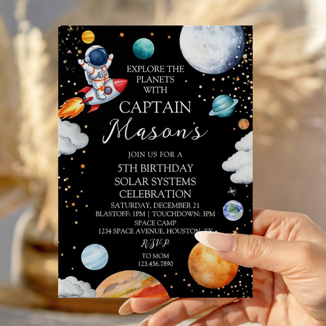 Black Galaxy Captain Rocket Adventure Kids Bday Invitation (Creator Uploaded)