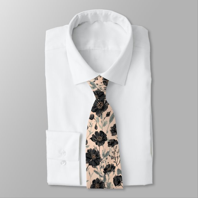 black Garden Flowers Wildflower Spring Meadow Tie (Tied)