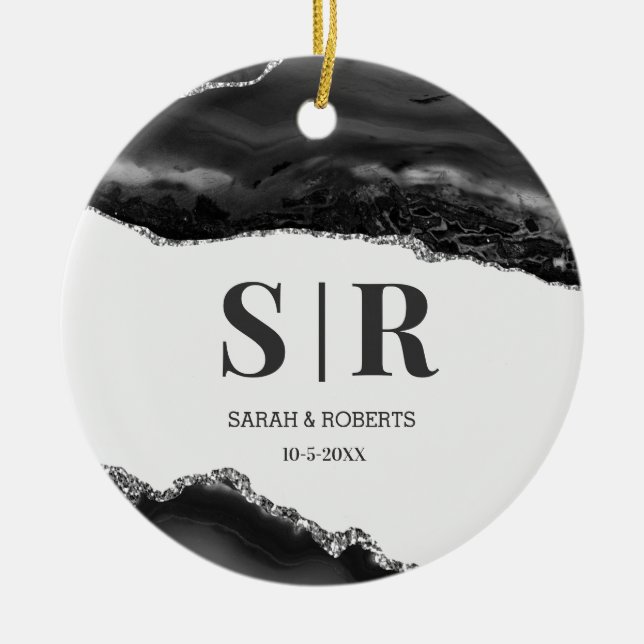 Black Geode Agate Couples Monogrammed Christmas Ceramic Ornament (Front)