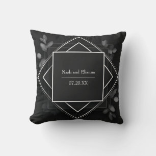 Black Geometric Frame Silver Eucalyptus Leaf Throw Pillow