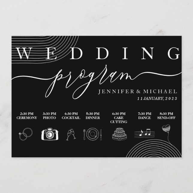 Black Geometric Icon Timeline Ceremony Wedding Program (Front)