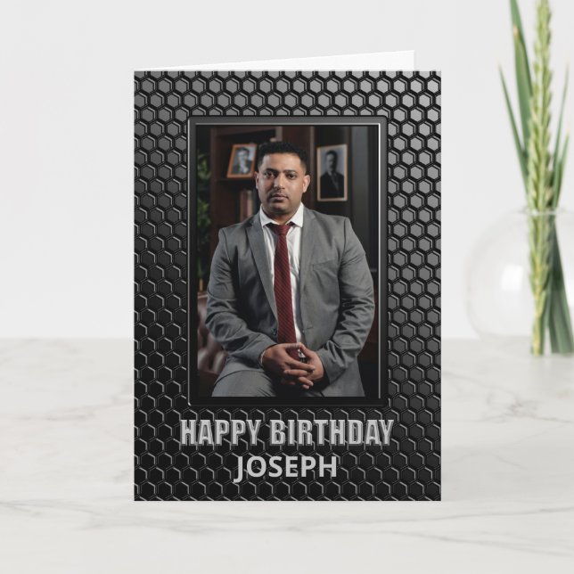 Black Geometric Pattern Custom Photo Birthday Card (Front)