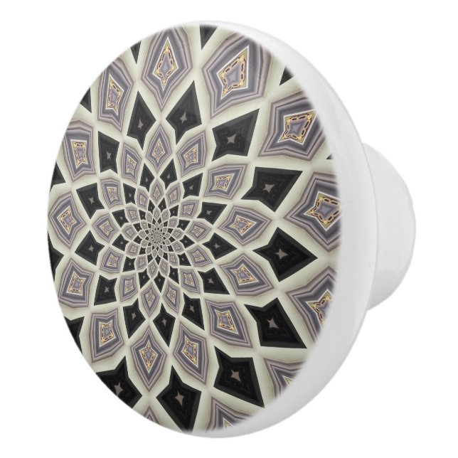 Black Geometric Spiral Fractal Mosaic Art Pattern Ceramic Knob (Right)